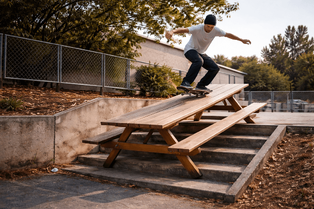 Skateboarder grinding on a wooden picnic table highlighting potential misuse and damage risks in unsecured portable outdoor furniture installations